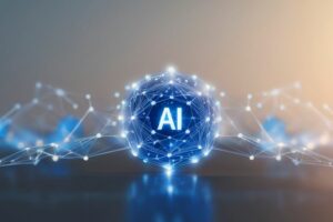 Glowing blue sphere labeled AI, surrounded by networked lines and dots illustrating artificial intelligence connectivity.