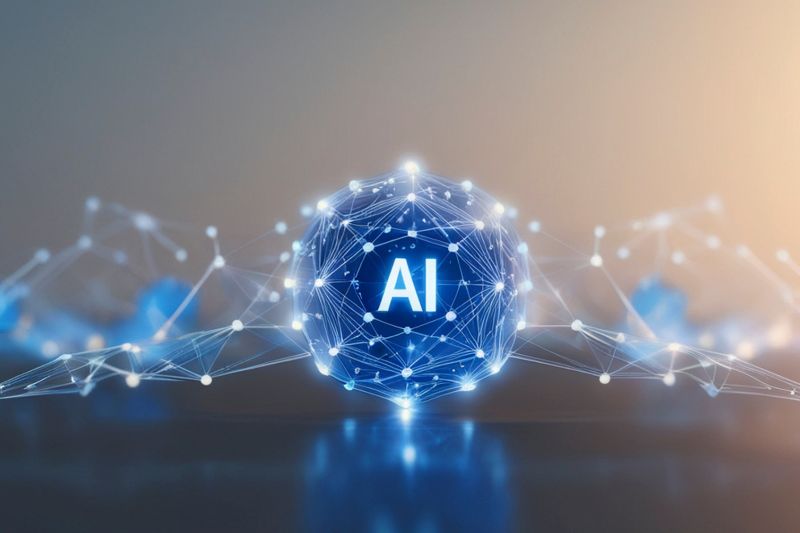 Glowing blue sphere labeled AI, surrounded by networked lines and dots illustrating artificial intelligence connectivity.