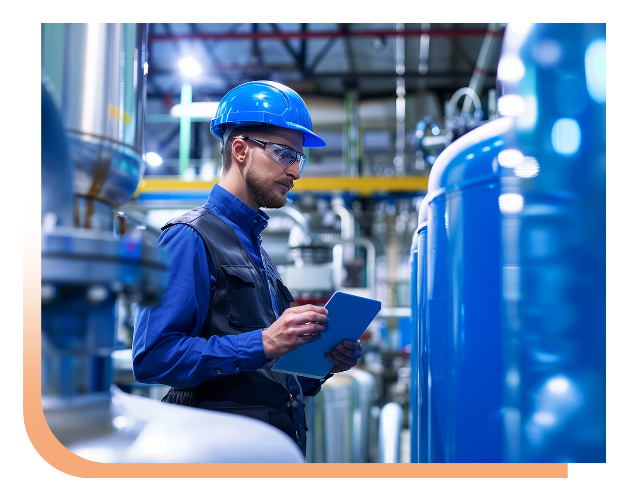 Industrial technician in blue safety gear checks equipment with a clipboard in a factory setting. (safety glasses, hard hat)