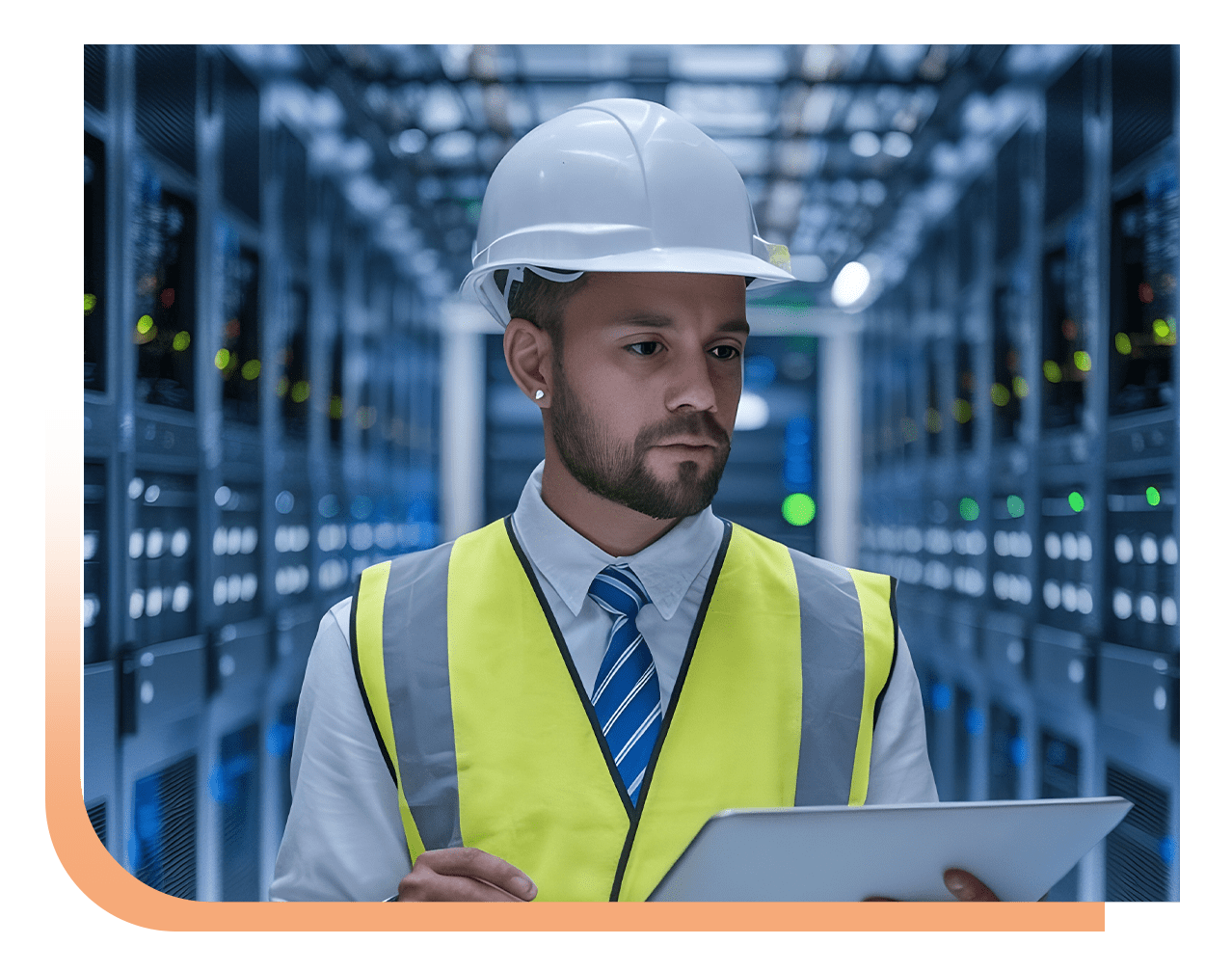 Man in a hard hat and high-visibility vest inspecting server racks in a data center, holding a tablet.