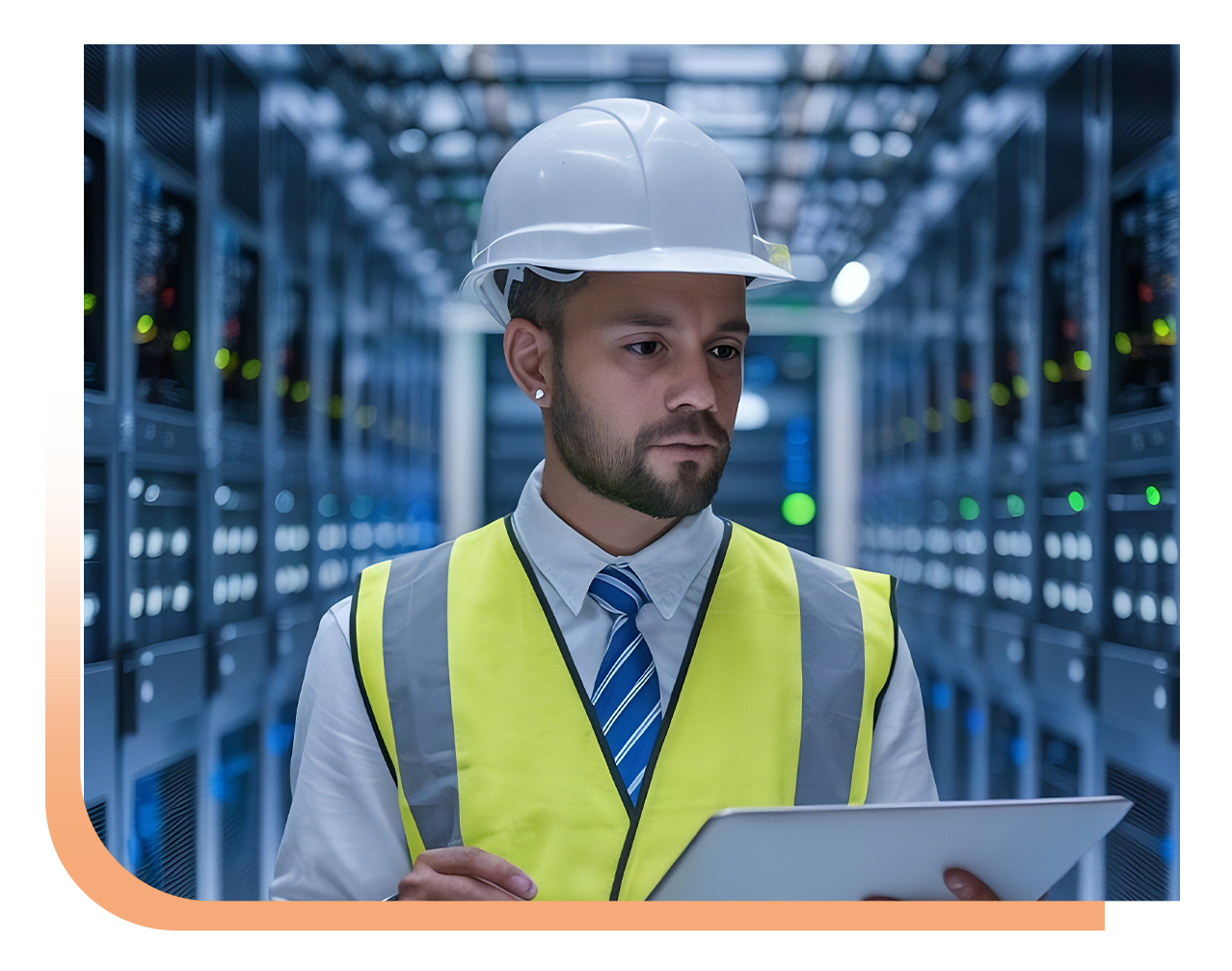Male technician wearing a white hard hat and bright safety vest, examining equipment in a server room while holding a tablet.