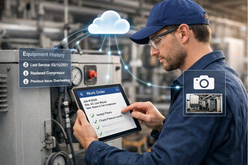 Technician using a tablet to monitor industrial equipment with cloud connectivity icons overhead.