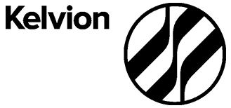 Kelvion logo: wordmark on the left and a circular emblem with green and black curved shapes on the right.