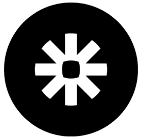 White eight-pointed starburst icon inside a black circular background.